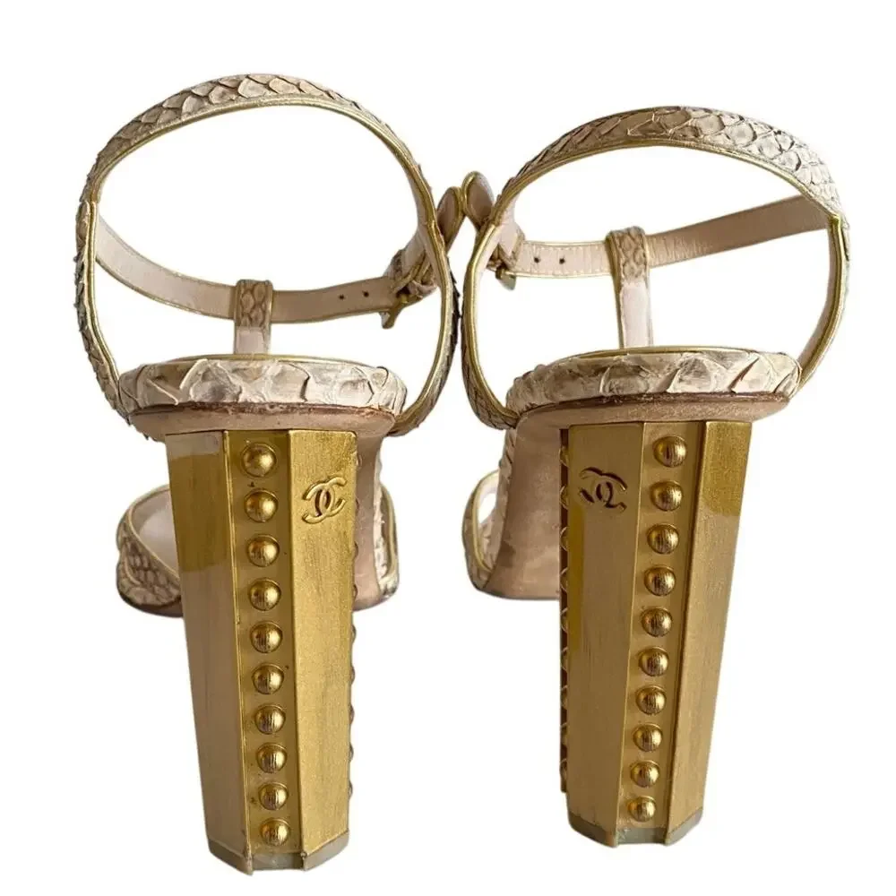 Chanel Python T-Strap Sandals 39.5 Gold Studded CC Column Heels Made in Italy